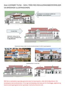 Bildet viser en sammenligning av en situasjonsplan, en fasade tegning av ettersøkt tiltak, og eksisterende situasjonsbilder.