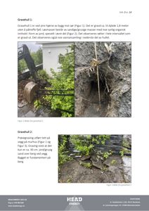 Fotografier av to gravehull (Gravehull 1 og Gravehull 2) med tilhørende tekstbeskrivelser om utgravning, jordforhold og vannansamling.