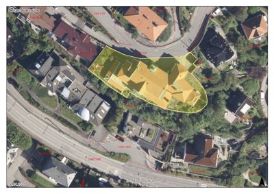 Flyfoto med overlagte arealdata (grønnfarget tomt) og eiendomsnummer for Bergen kommune.