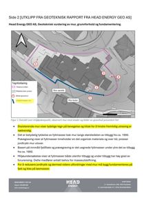 Kart over et byggeområde med markerte punkter for prøvetaking, en mur og en sprekk.