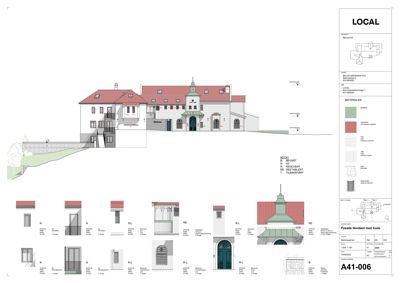 Fasadetegning av en bygning med detaljerte utsnitt av vinduer, dører og takkonstruksjoner.