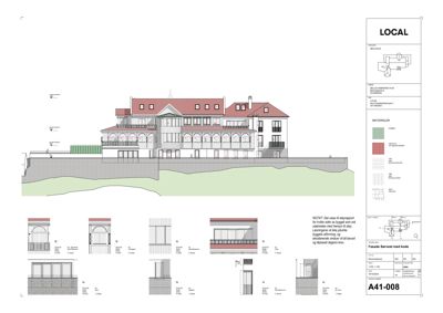 Fasadetegning med oppriss av bygning, materialevalg og detaljerte utsnitt av vinduer og vegger.
