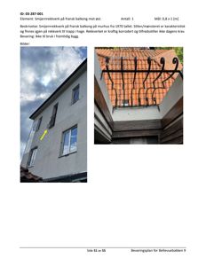 Fotografier av et smijernrekkeverk på en fransk balkong mot øst på et murhus fra 1970-tallet.