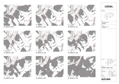 Et sammensatt ark (sheet) som viser en rekke situasjonsplaner (site plans) for ulike etasjer (KL 0900 til KL 1700) av en bygning, samt en tegning av lokalplanområdet.