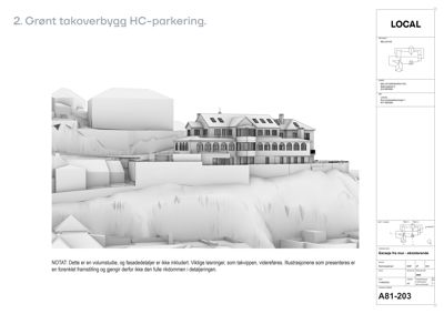 3D-volumstudie som viser et grønt takoverbygg med parkering på en eksisterende bygning.
