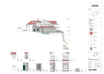 Fasadetegning med oppriss av bygning sett fra nordvest, inkludert materialer og detaljer