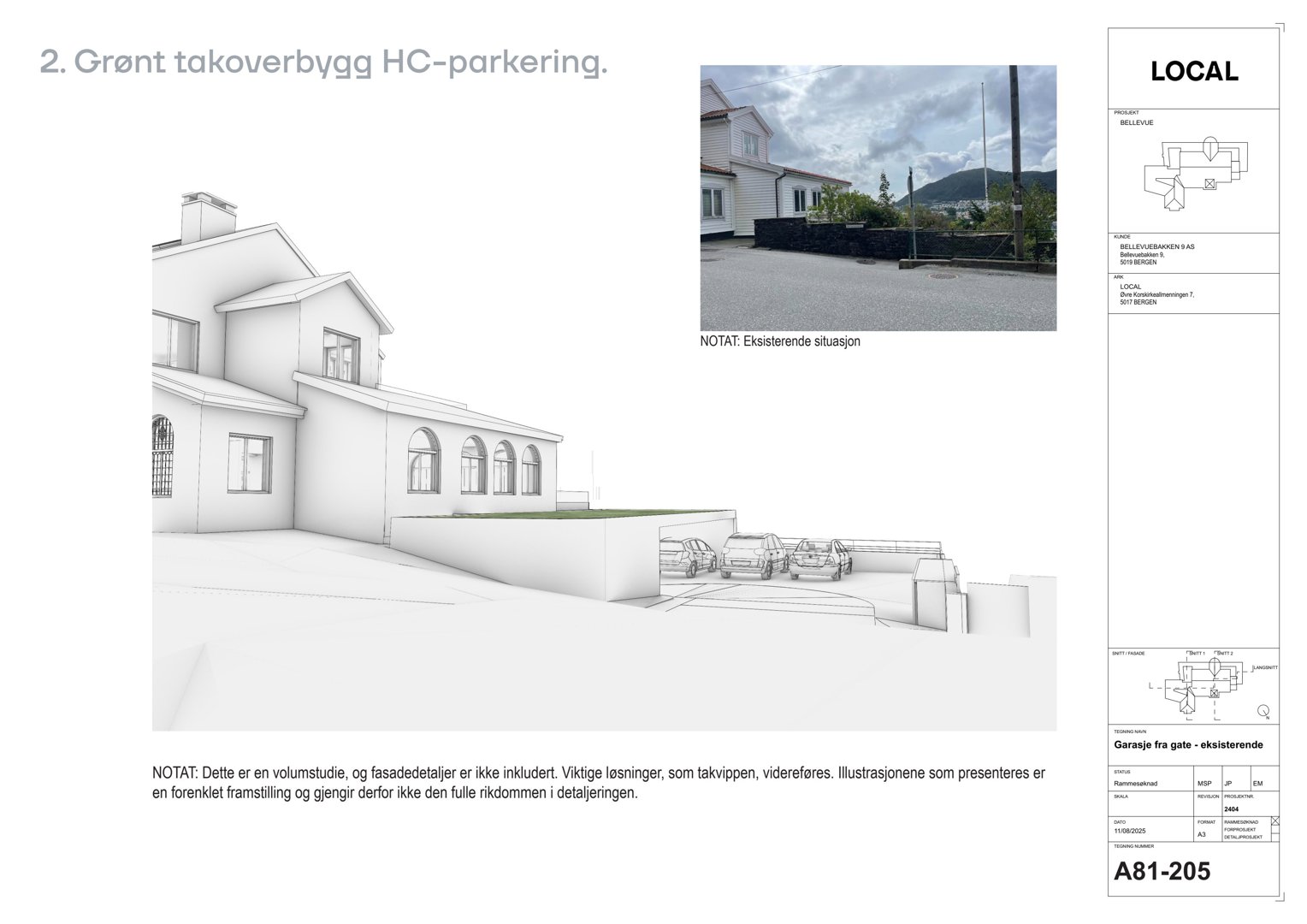 3D-volumstudie av et grønt takoverbygg med parkering, inkludert eksisterende situasjon og gateperspektiv.