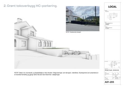 3D-volumstudie av et grønt takoverbygg med parkering, inkludert eksisterende situasjon og gateperspektiv.