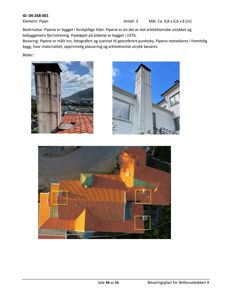 Dokumentet inneholder tre fotografier av røyk- og ventilasjonsrør på et tak. Bildene viser både nærbilder av rørene og et luftfoto av taket med markerte områder.