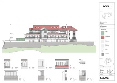 Fasadetegning med oppriss av bygning, materialer og detaljer
