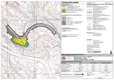 Situasjonsplan (Plankart 1 av 1) som viser tomtens beliggenhet, grenser, naboeiendommer og reguleringer for en byggesak.