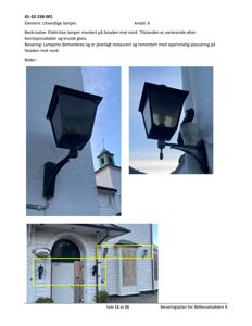 Fotografier av utvendige lamper på fasaden til en bygning, inkludert en oversiktsbilde med markeringer.