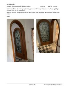 Fotografier av en buet innerdør med detaljer i smijern, inkludert en beskrivelse og mål.