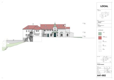 Fasadetegning (Nordøst) av et bygg med materialebeskrivelser og detaljer.