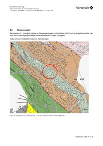 Geologisk kart (bergrunnkart) over området med overlappet utvalg av geologiske kart fra NGU.