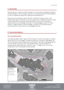 Oversiktskart over et felt med markerte punkter for prøvetaking og observasjoner av skader på en mur.