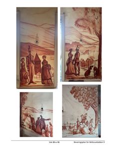 Fotografier av historiske freskomalerier på vegger i en bygning.