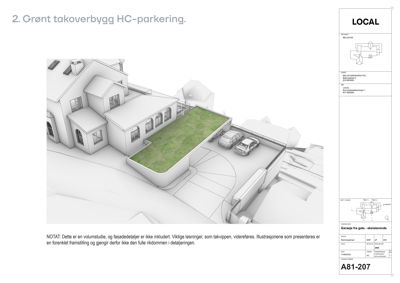 3D-visualisering (rendering) av et grønt takoverbygg med parkeringsplasser.