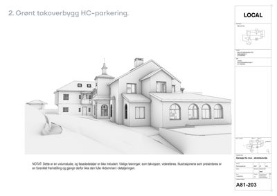 3D-volumstudie (rendering) av et hus med et grønt takoverbygg og parkeringsanlegg.