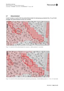 Kartutsnitt som viser skredfarevurdering (aksomhetsområder for snøskred og steinsprang) for et område med bygninger.