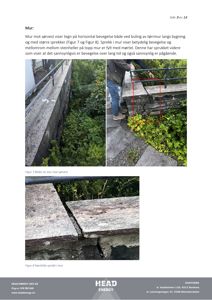 Fotografier av en mur med sprøkk og bevegelser, inkludert et nærbilde av en sprekke.