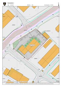 Situasjonsplan som viser tomtens plassering i forhold til nabolag, veier og eiendomsnummer.