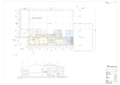 Etasjeplan med romfordeling, dimensjoner og en mindre snittegning i bunnen.