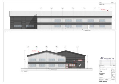 Fasadetegning som viser bygningens utseende sett fra Sør- og Øst-siden med oppriss, vinduer og konstruksjonsdetaljer.