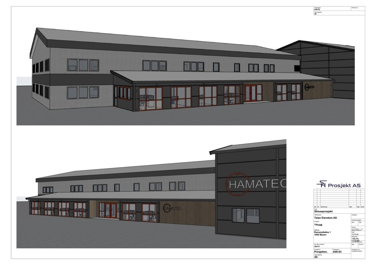 3D-visualisering (rendering) av en bygning sett fra to ulike vinkler. Bildet viser fasade, vinduer og materialvalg.
