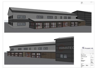 3D-visualisering (rendering) av en bygning sett fra to ulike vinkler. Bildet viser fasade, vinduer og materialvalg.