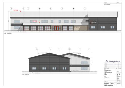 Tegning som viser fasadeoppsett for bygningens nord- og vestsider.