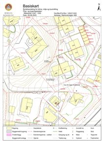Basiskart (situasjonsplan) som viser eiendomsgrenser, bygninger, høydekoter og infrastruktur for en tomt i Bergen.