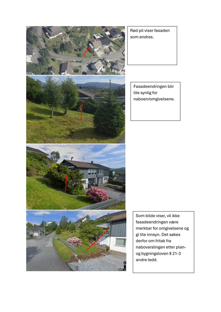 Bildet viser en serie med fire fotografier av en eksisterende bygning sett fra ulike vinkler, med tekster som forklarer hvordan en planlagt endring vil påvirke fasaden.