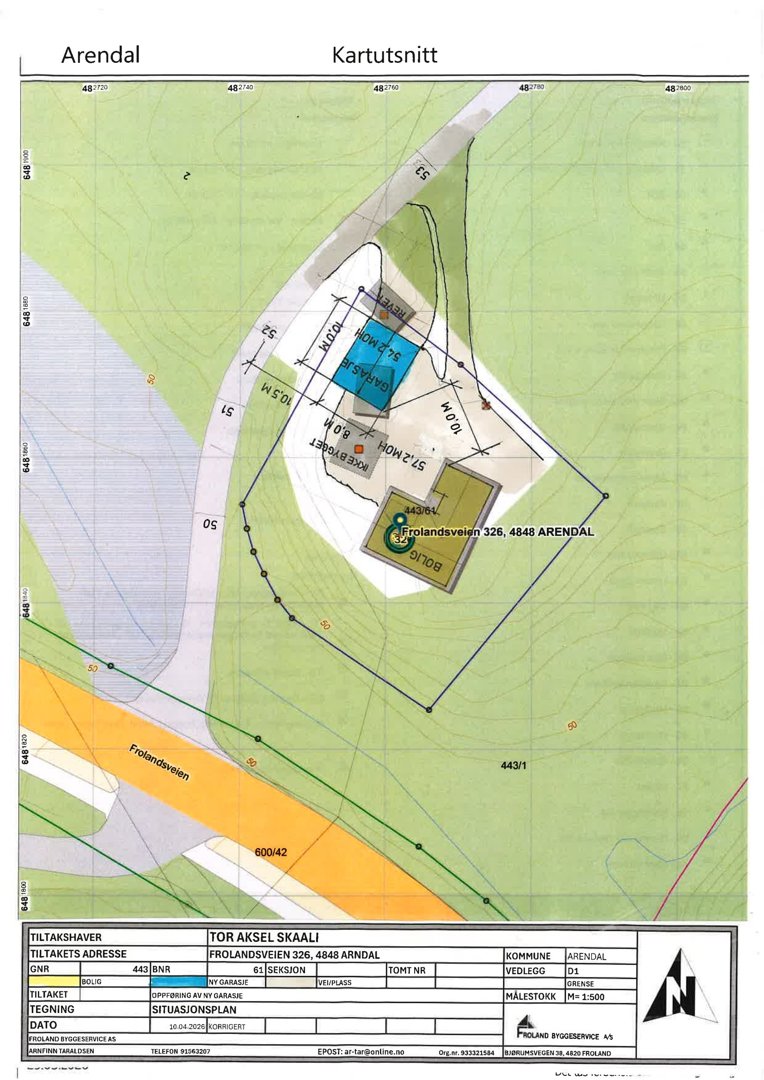 Situasjonsplan som viser tomtens form, grenser, høydemålerlinjer, eksisterende og planlagt bebyggelse samt veiforhold.