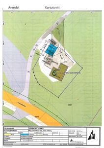 Situasjonsplan som viser tomtens form, grenser, høydemålerlinjer, eksisterende og planlagt bebyggelse samt veiforhold.
