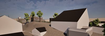 3D-visualisering av et boligfelt med flere hus, trær og terrengformet i et landskap.