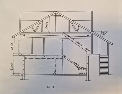 Snittegning som viser bygningens tverrsnitt, inkludert takkonstruksjon, trapp og høydemål.