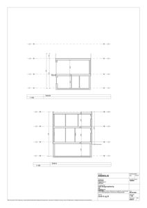 Tegning som viser tverrsnitt gjennom en bygning (Snitt A og B) med mål og konstruksjonsdetaljer.