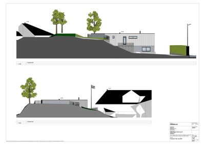 Fasadetegning som viser bygningens utseende fra to ulike vinkler (Fasade Øst og Fasade Sør).