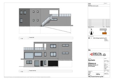 Tegning som viser fasadeoppsettet for bygningen sett fra sør og vest.