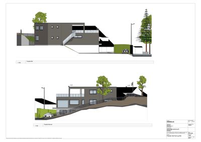 Fasadetegning som viser bygningens utseende fra to ulike vinkler (Fasade Øst og Fasade Sørvest).