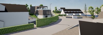 3D-visualisering av et boligområde med moderne hus, hekker og veier.