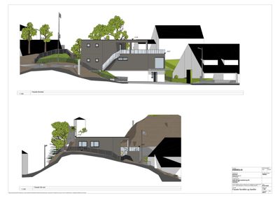 Fasadetegning som viser bygningens utseende fra nord og sør, inkludert terrengforhold og omgivende beplantning.