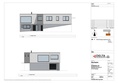 Fasadetegning som viser bygningens utseende sett fra nord og vest.