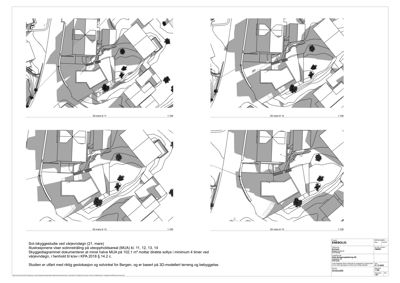 Situasjonsplaner som viser sol- og skyggefall for ulike datumper (20. mars kl. 11, 12, 13, 14) i forhold til eksisterende og planlagt bebyggelse.