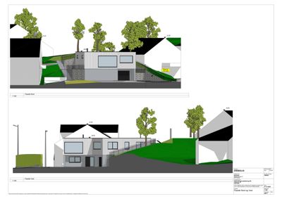 Bildet viser to fasadetegninger (Nord og Vest) for en nybyggprosjekt, inkludert terrengforhold, trapper og tilstøtende bebyggelse.
