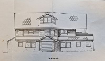 En tegnet fasade (opprikk) av en bygning sett fra nord.