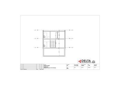 Snittegning (Snitt A og B) som viser bygningens tverrsnitt, inkludert etasjer, trapp og konstruksjon.