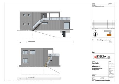 Fasadetegning som viser bygningens utseende fra nordøst og sørøst, inkludert vinduer, trapper og materialvalg.