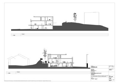 Snittegning (Profil 1 og 2) som viser bygningens tverrsnitt, høydeforhold og plassering i terrenget.